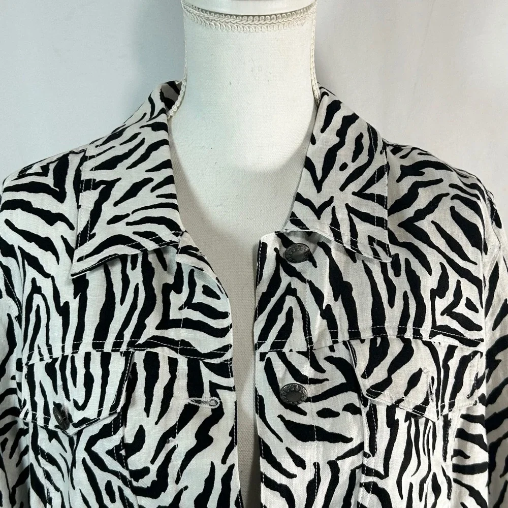 Lucy & Laurel Woman Zebra Print 100% Linen Jacket Black White Plus Size 1X‎ - Picture 2 of 9